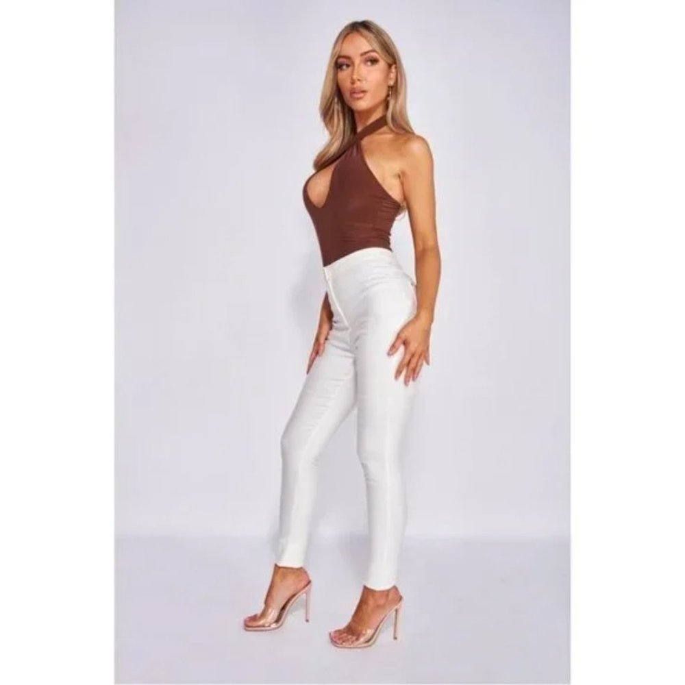 Brown Sleeveless Halter Neck Open Back Backless Bodycon Bodysuit Leotard Top - Picture 5 of 16